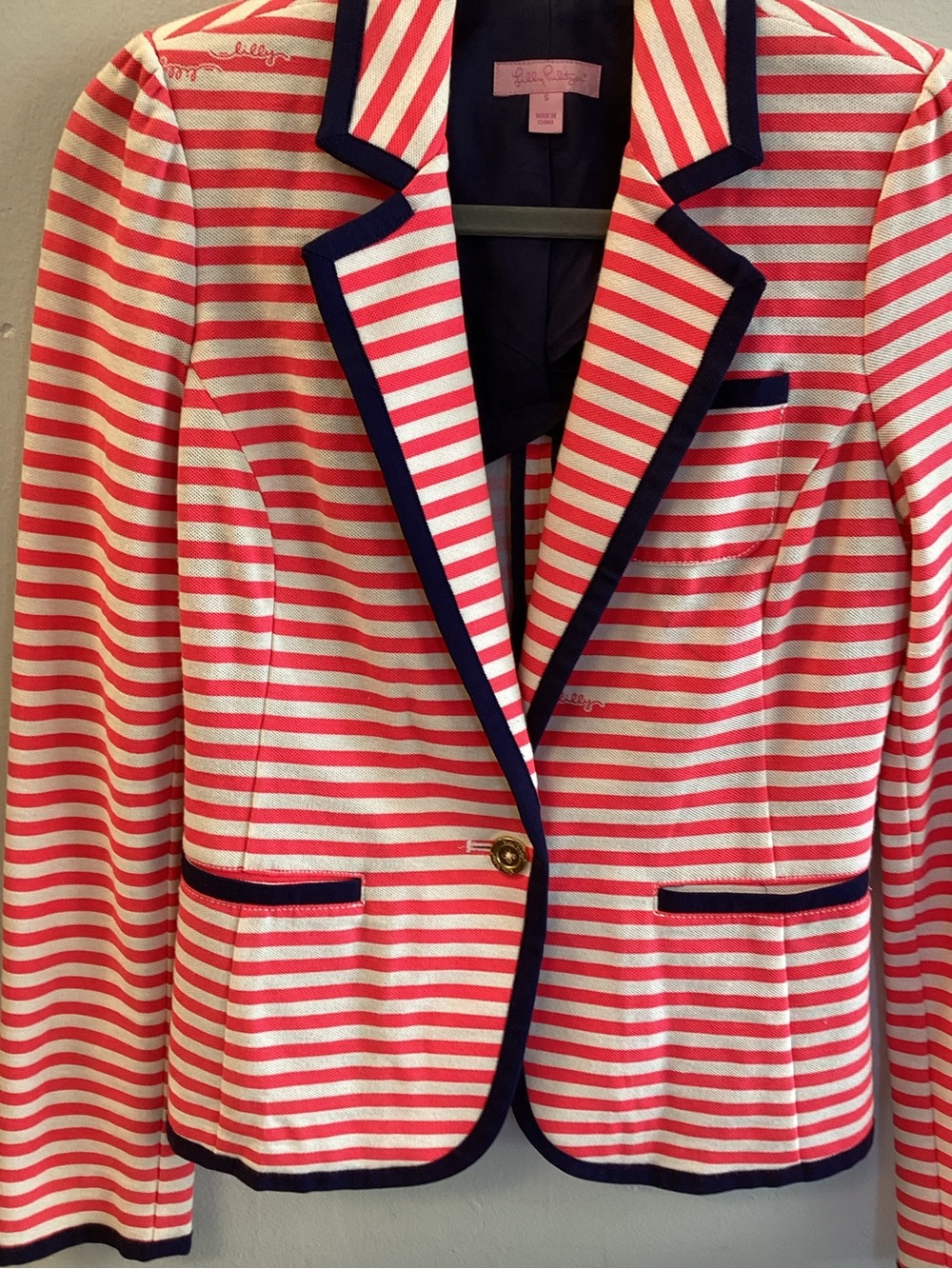 Lilly Pulitzer Pink White Striped Peplum Blazer Jacket Navy Trim Small - Picture 3 of 4